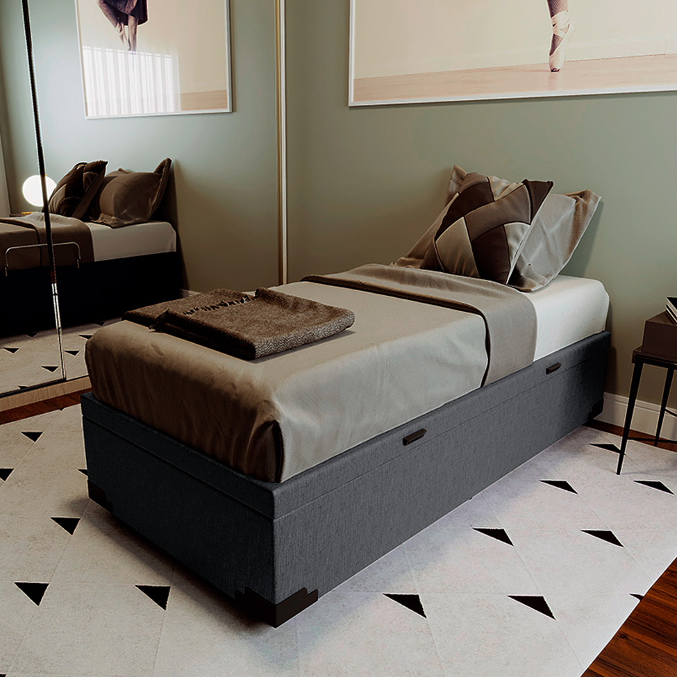 Base para Cama Box Solteiro Martin Premium com Baú Linho (47x88x188 cm) Grafite