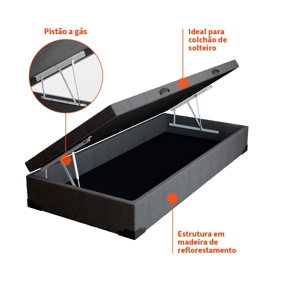 Base para Cama Box Solteiro Martin Premium com Baú Linho (47x88x188 cm) Grafite