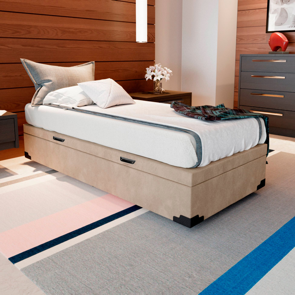 Base para Cama Box Solteiro Martin Premium com Baú Suede (45x88x188) Bege