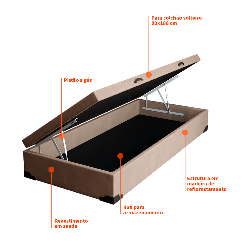 Base para Cama Box Solteiro Martin Premium com Baú Suede (45x88x188) Bege