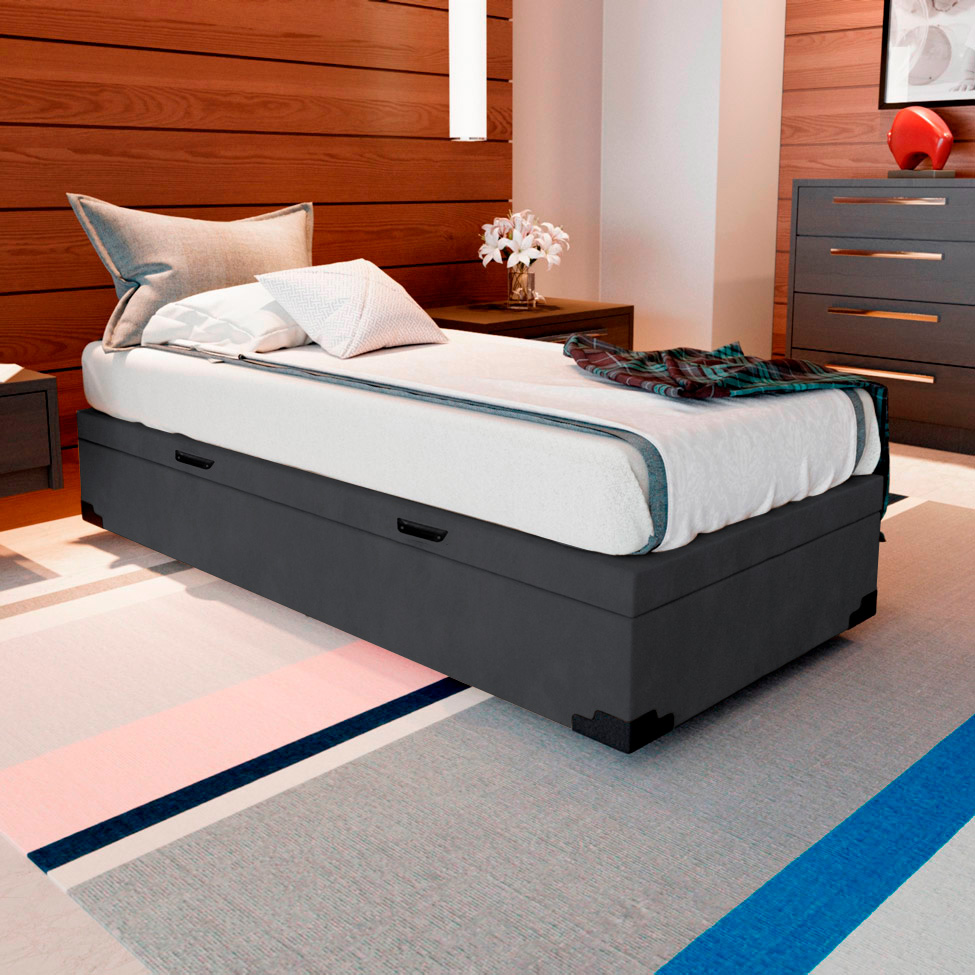 Base para Cama Box Solteiro Martin Premium com Baú Suede (47x88x188) Grafite