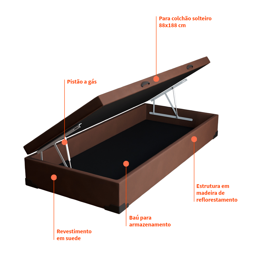 Base para Cama Box Solteiro Martin Premium com Baú Suede (47x88x188) Marrom
