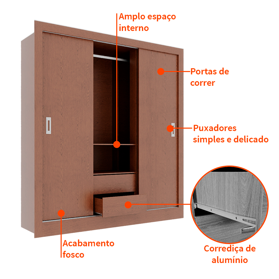  Guarda-Roupa Casal Luiza 3 Portas 2 Gavetas Carvalho
