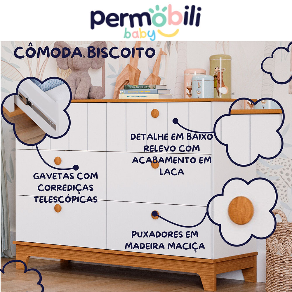 Cômoda Infantil Biscoito 6 GV Branca e Nature