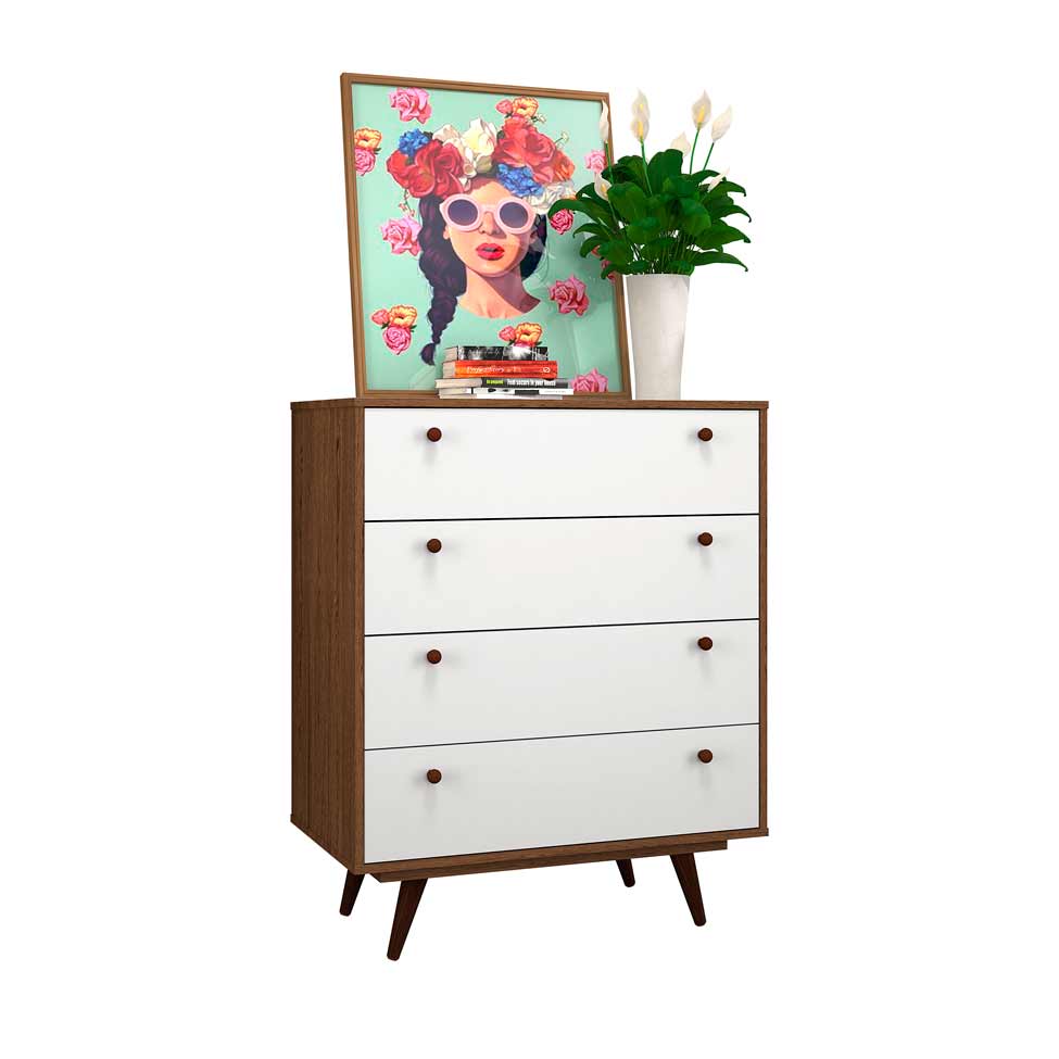 Cômoda Retrô Plus 4 Gavetas Rustik Carvalho Branco Acetinado