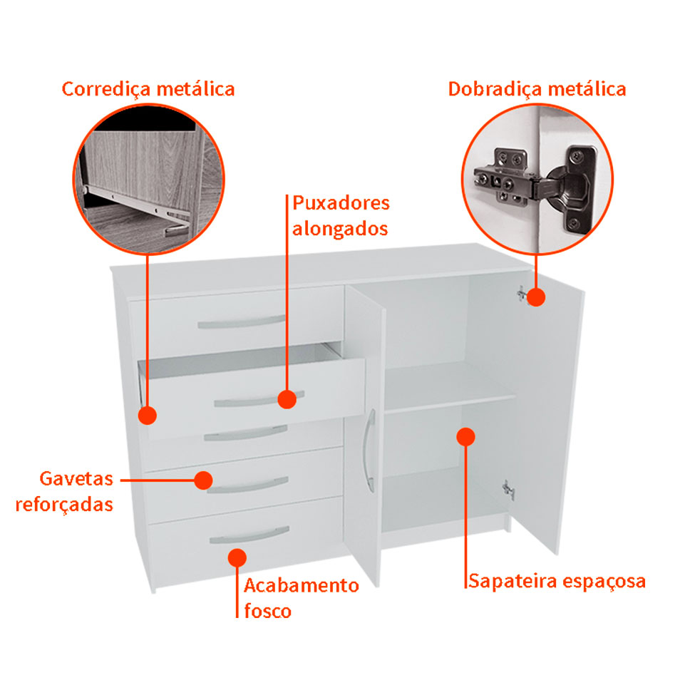 Cômoda Sapateira Hoover 2 Portas 5 Gavetas Branca