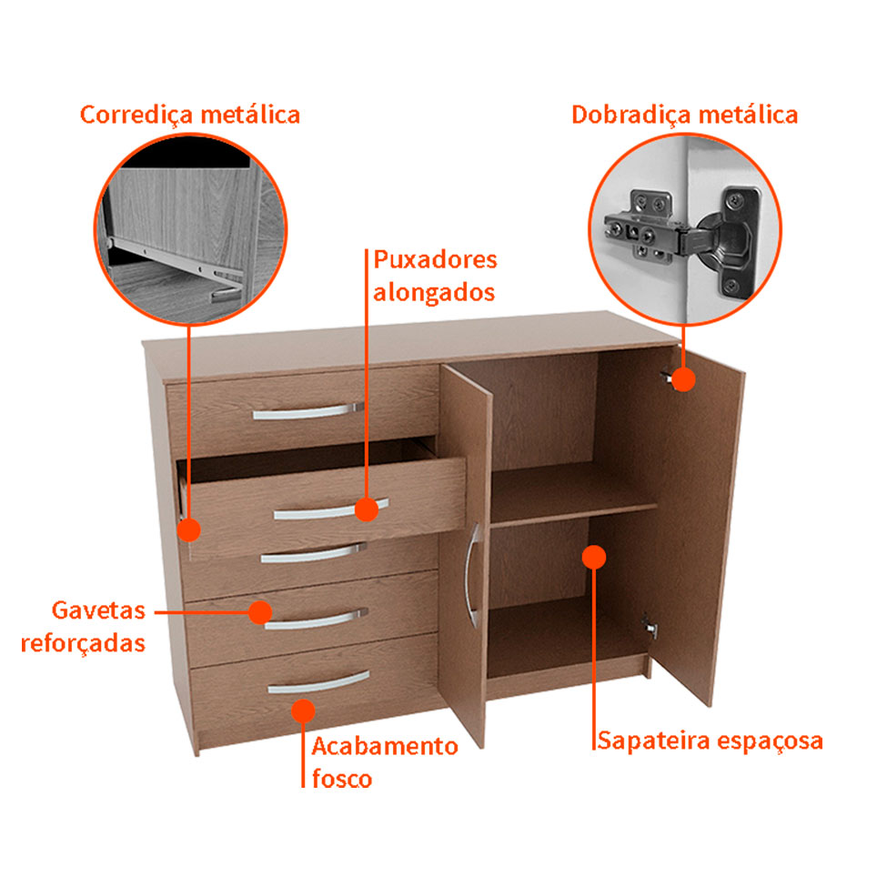 Cômoda Sapateira Hoover 2 Portas 5 Gavetas Oak