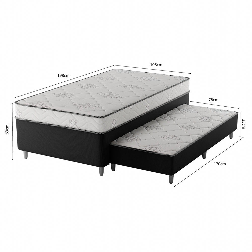 Cama Box Conjugada Solteirão Premier Unibox Molas Ensacadas (63x108x198) com Cama Auxiliar Preta 
