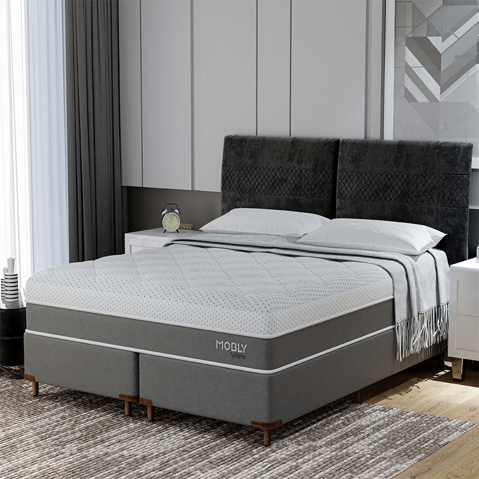 Cama Box King com Colchão Sublime Mola Ensacada e Espuma Viscoelástica (32x193x203) Cinza e Branco