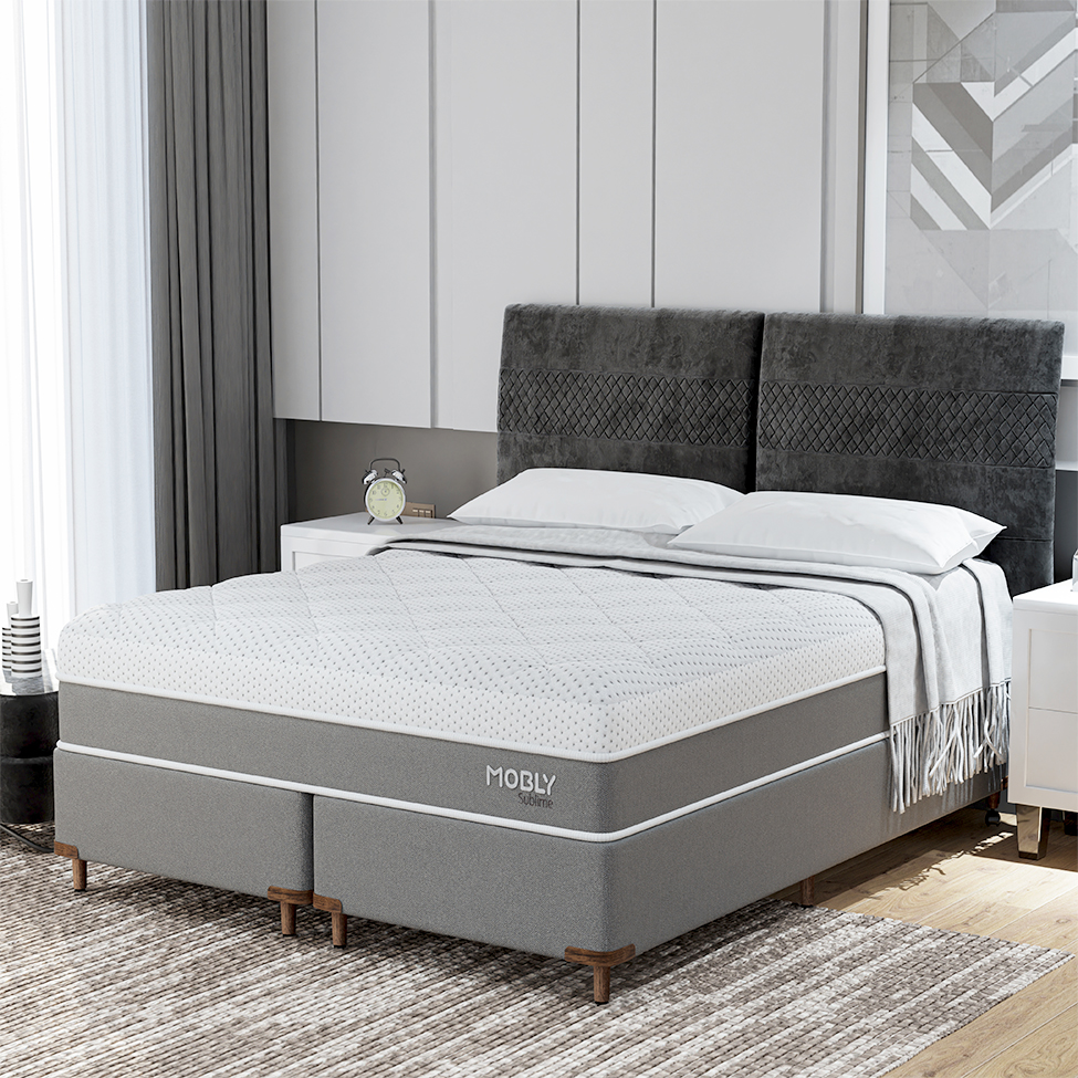 Cama Box Queen com Colchão Sublime Mola Ensacada e Espuma Viscoelástica (32x158x198) Cinza e Branco