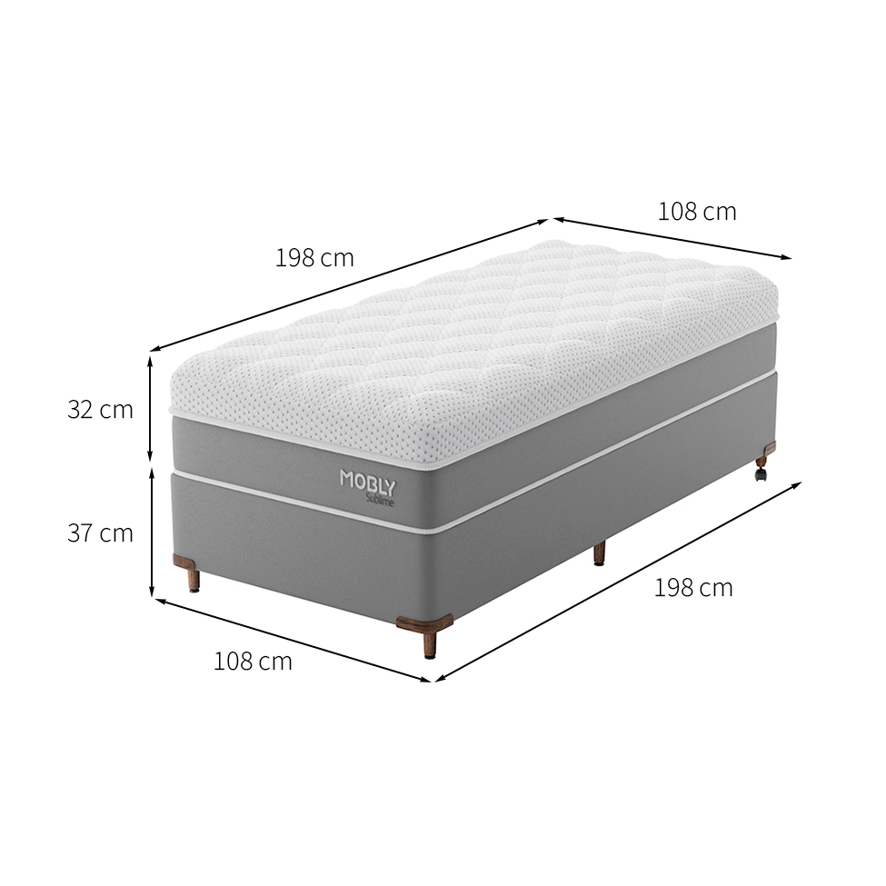 Cama Box Solteirão com Colchão Sublime Mola Ensacada e Espuma Viscoelástica (32x108x198) Cinza e Branco