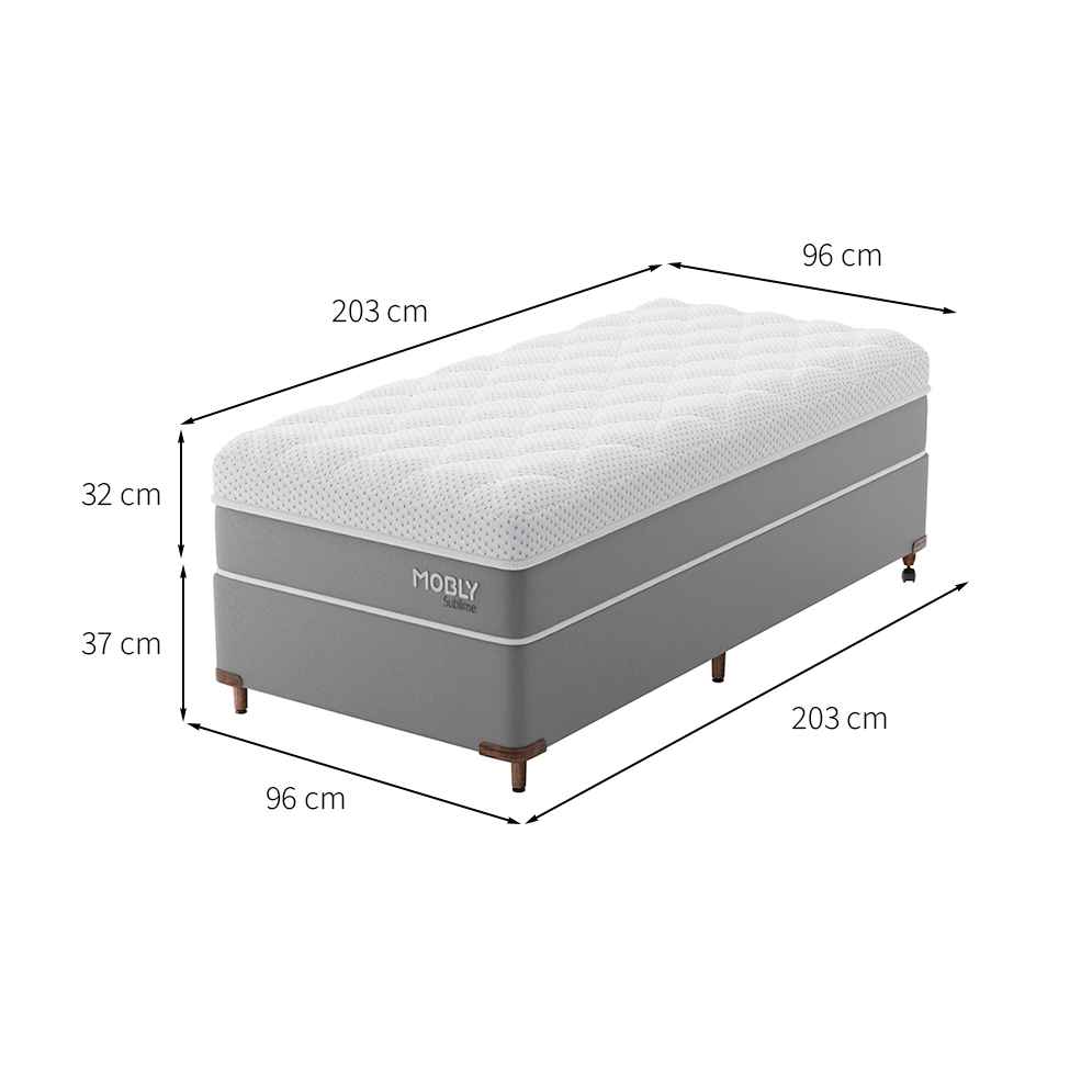 Cama Box Solteirão com Colchão Sublime Mola Ensacada e Espuma Viscoelástica (32x96x203) Cinza e Branco