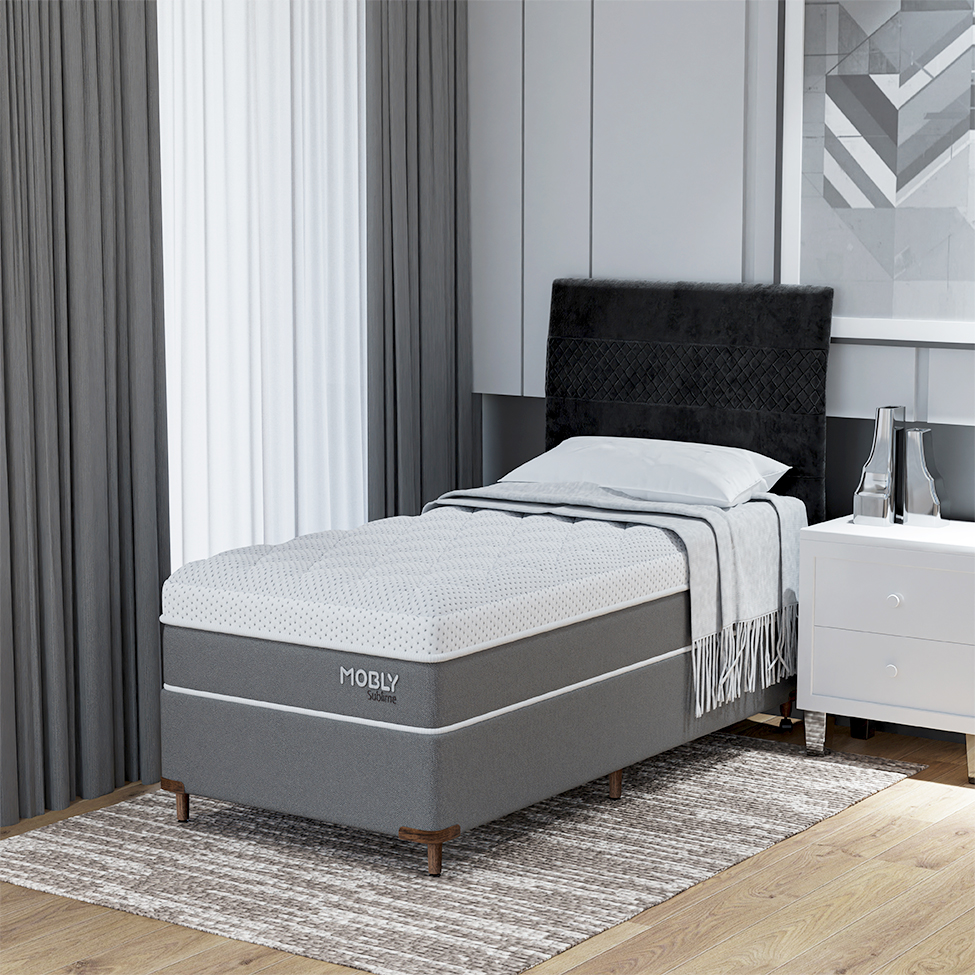 Cama Box Solteiro com Colchão Sublime Mola Ensacada e Espuma Viscoelástica (32x78x188) Cinza e Branco