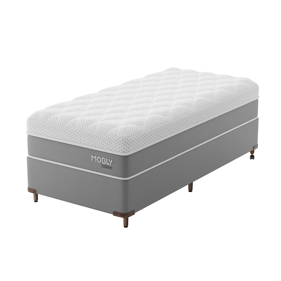 Cama Box Solteiro com Colchão Sublime Mola Ensacada e Espuma Viscoelástica (32x88x188) Cinza e Branco