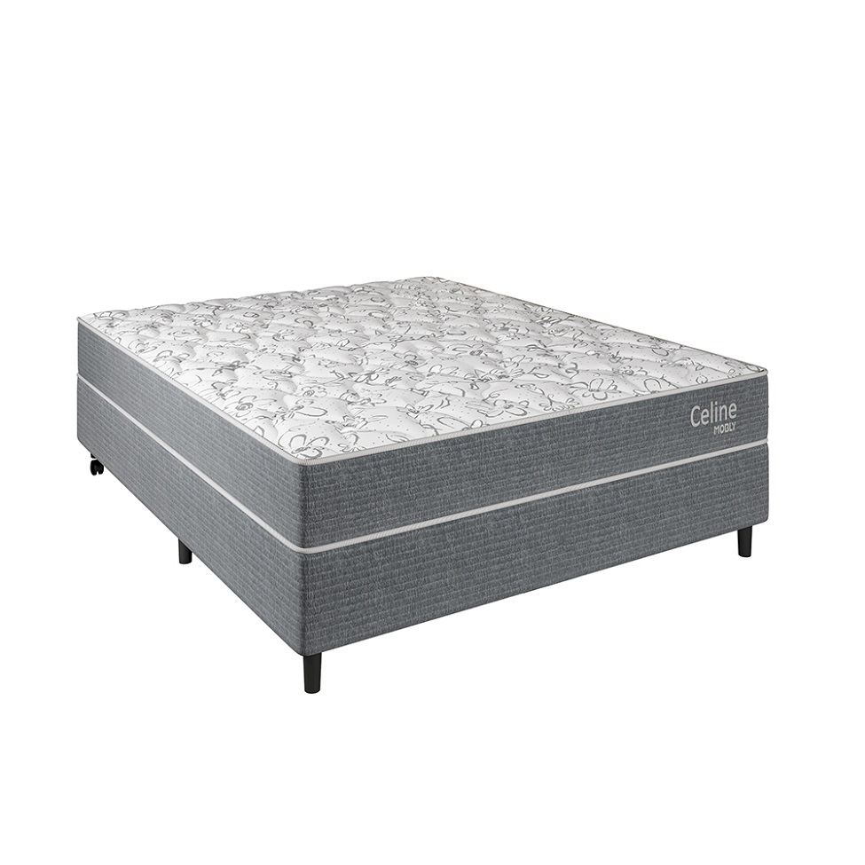 Cama Box com Cabeceira e Colchão Casal Celine Molas Ensacadas (62x138x188) Cinza
