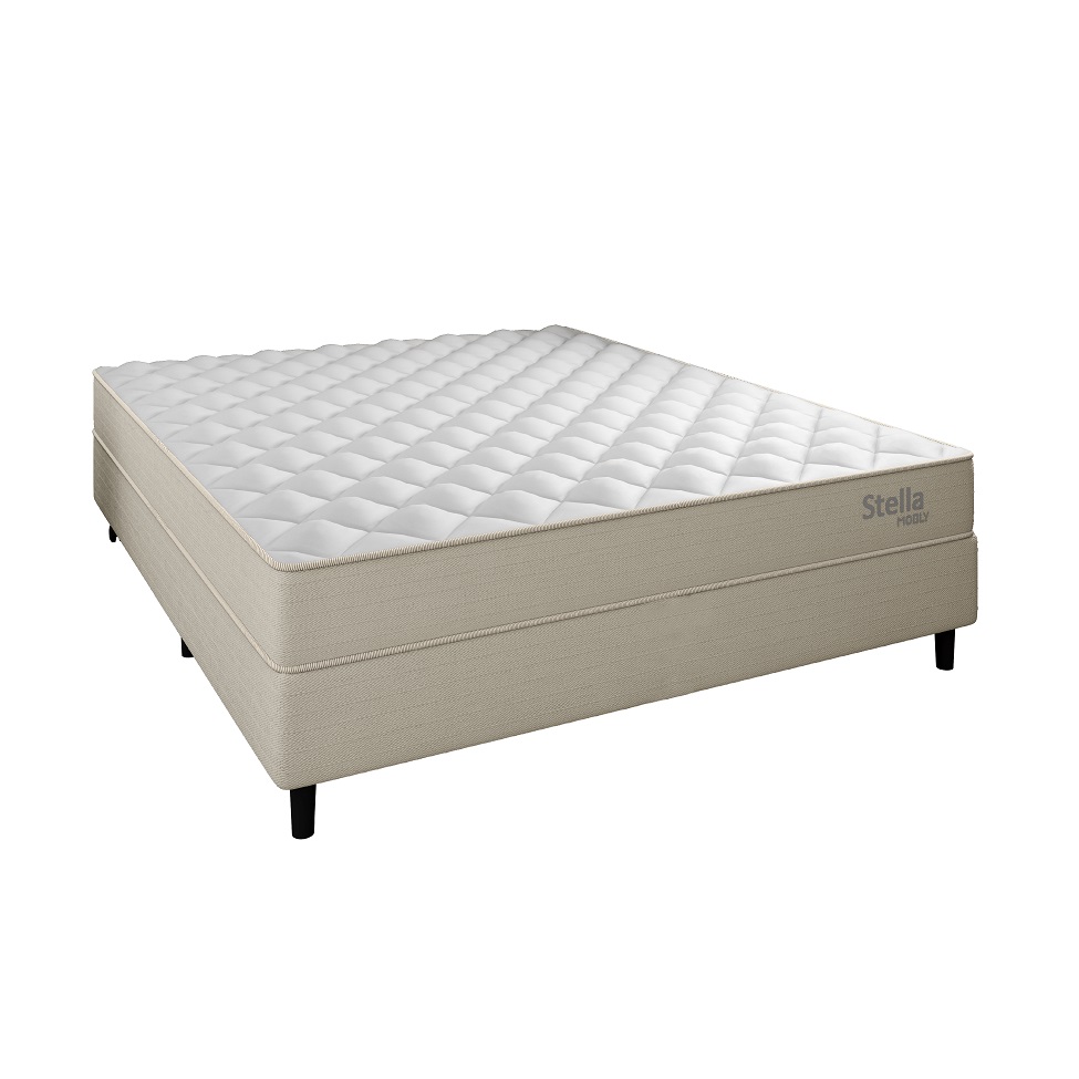 Cama Box com Cabeceira e Colchão Casal Stella Molas Ensacadas (60x138x188) Bege
