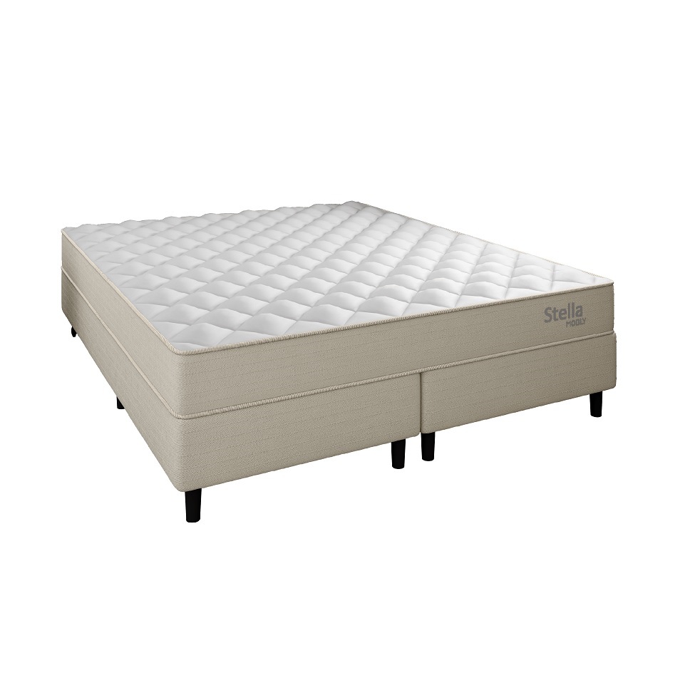 Cama Box com Cabeceira e Colchão Queen Stella Molas Ensacadas (60x158x198) Bege
