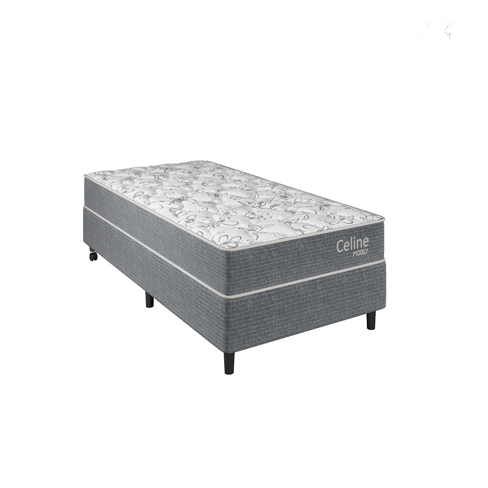 Cama Box com Cabeceira e Colchão Solteiro Celine Molas Ensacadas (62x88x188) Cinza