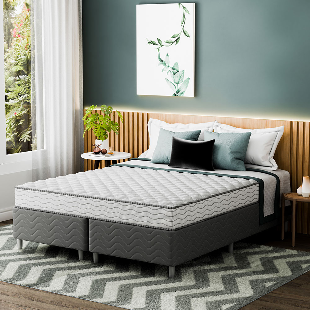 Cama Box com Colchão Queen Howie Espuma D28 (17x158x198) Branco e Cinza