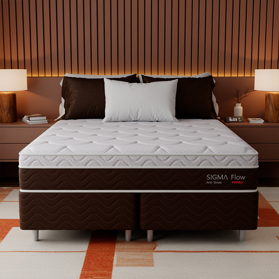 Cama Box com Colchão Queen Sigma Flow (23x158x198) Marrom e Branco
