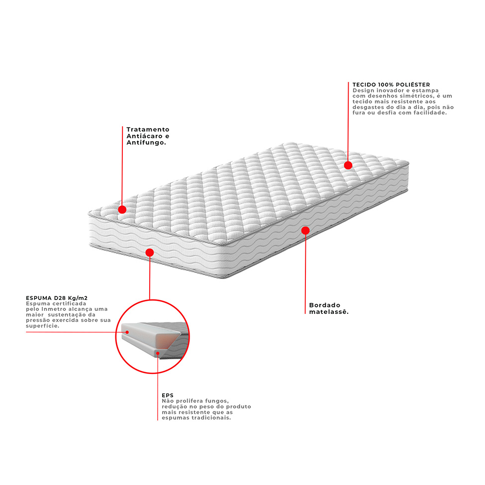 Cama Box com Colchão Solteirão Howie Espuma D28 (17x108x198) Branco e Cinza