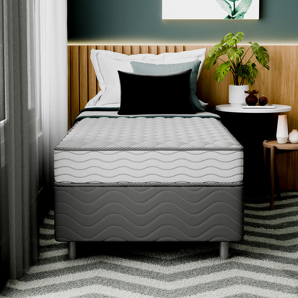 Cama Box com Colchão Solteirão Howie Espuma D28 (17x108x198) Branco e Cinza