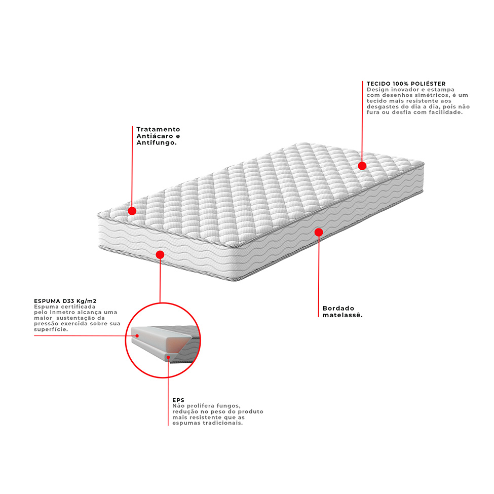 Cama Box com Colchão Solteirão Howie Espuma D33 (17x108x198) Branco e Cinza