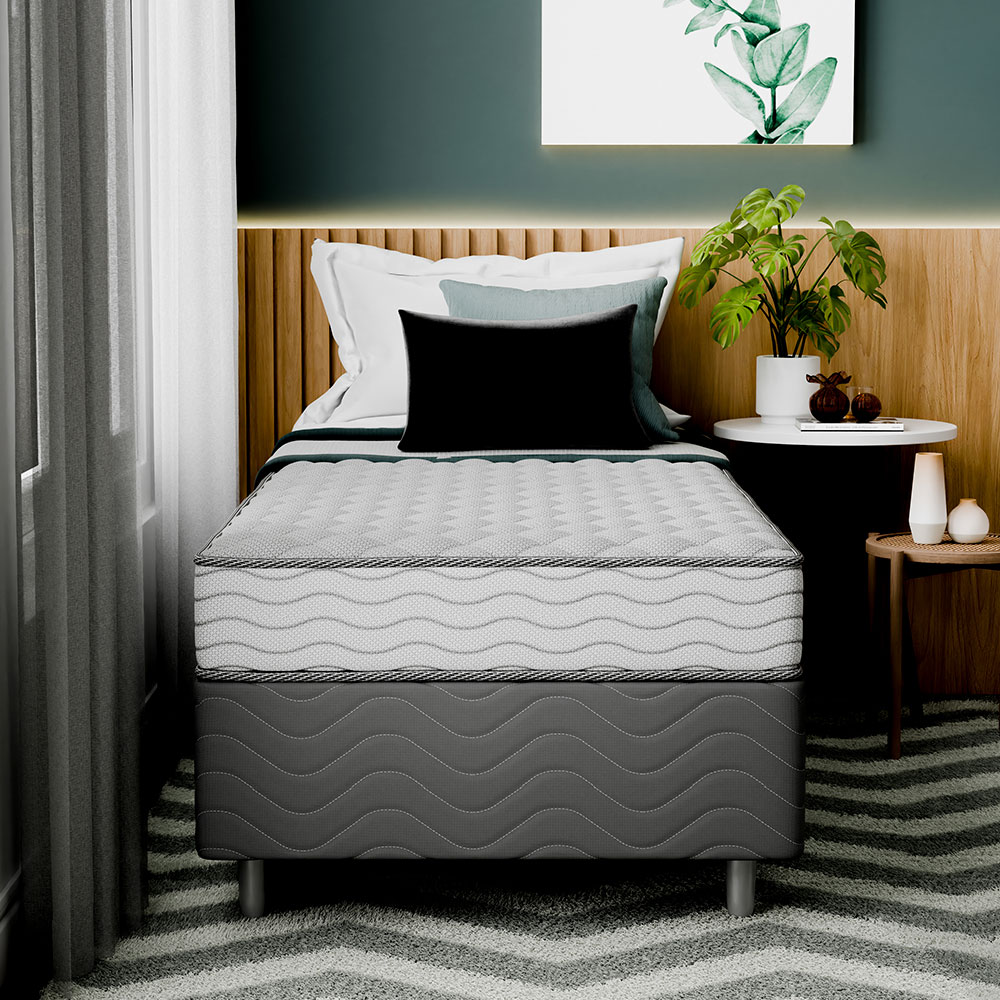 Cama Box com Colchão Solteirão Howie Espuma D33 (17x108x198) Branco e Cinza
