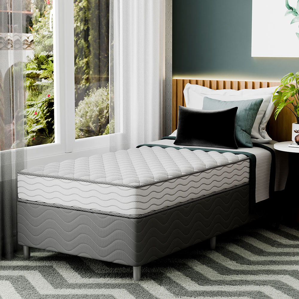 Cama Box com Colchão Solteirão Howie Espuma D33 (17x108x198) Branco e Cinza