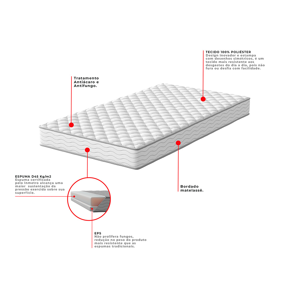 Cama Box com Colchão Solteirão Howie Espuma D45 (17x108x198) Branco e Cinza