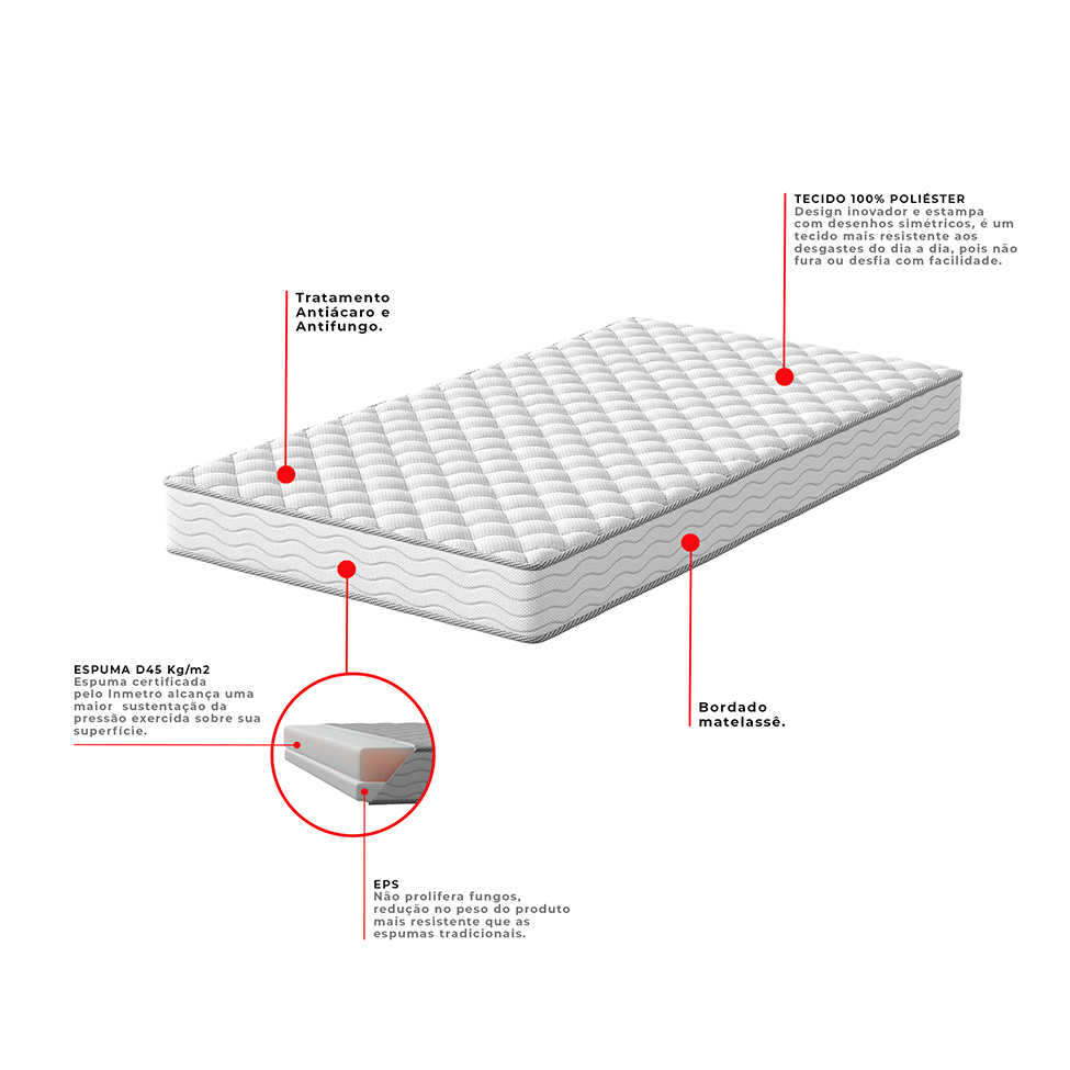 Cama Box com Colchão Solteirão Howie Espuma D45 (17x96x203) Branco e Cinza