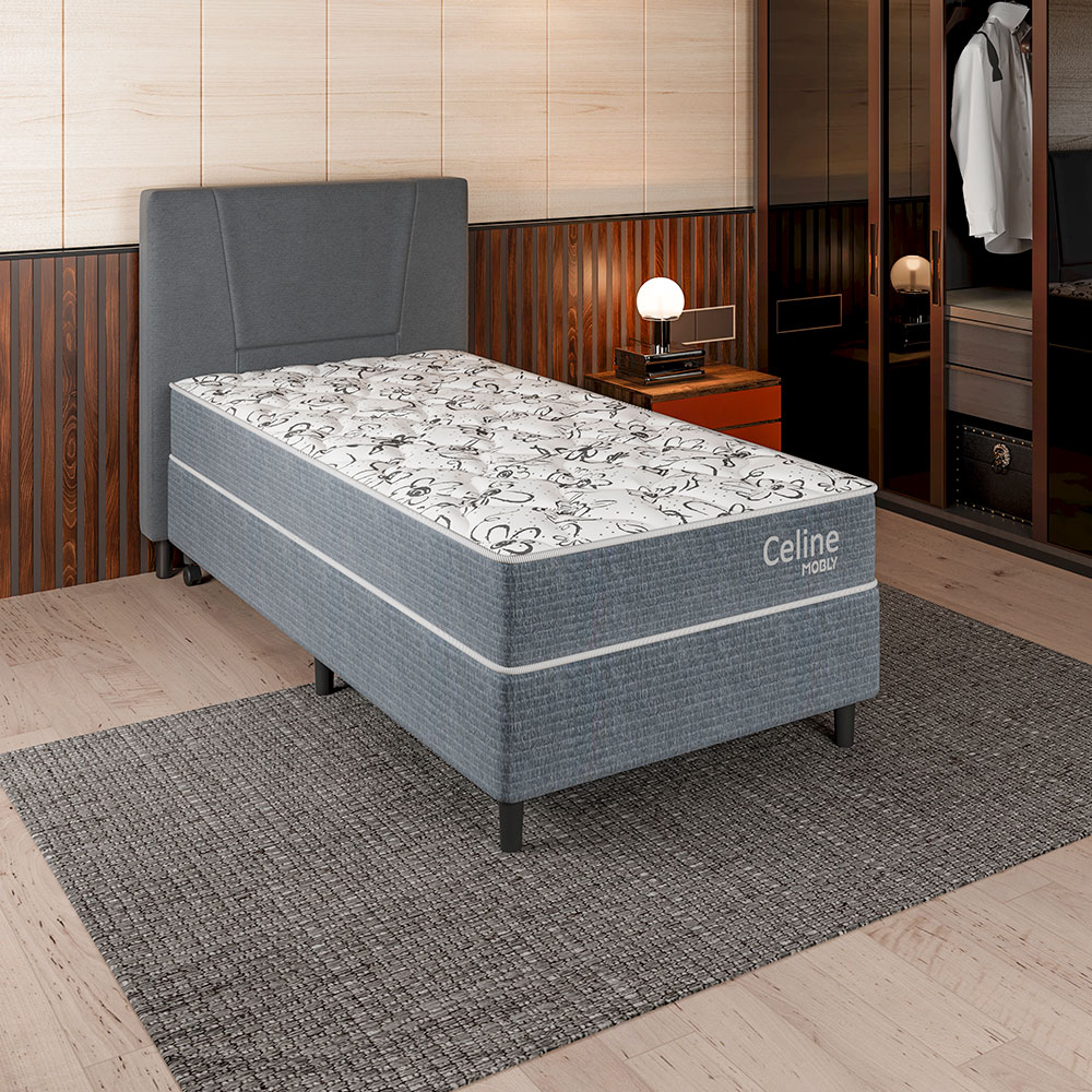 Cama Box com Colchão Solteiro Celine Molas Ensacadas (62x88x188) Cinza