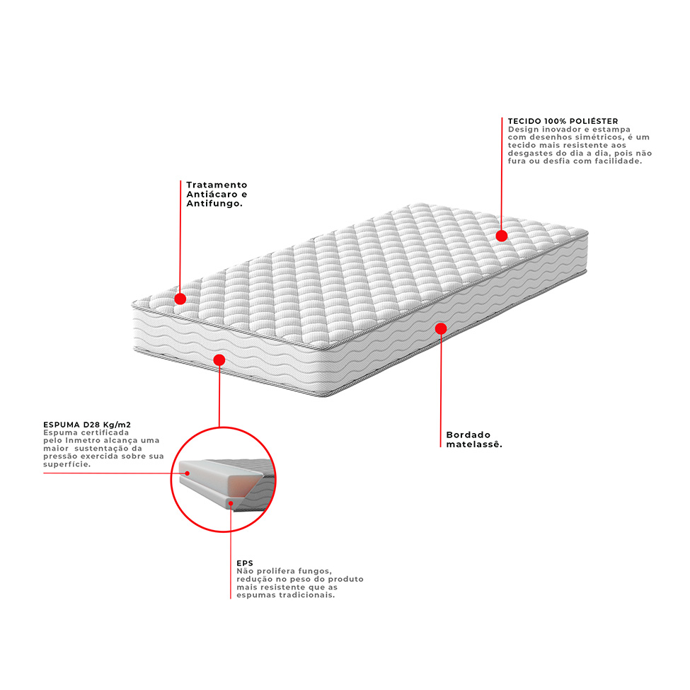 Cama Box com Colchão Solteiro Howie Espuma D28 (17x88x188) Branco e Cinza