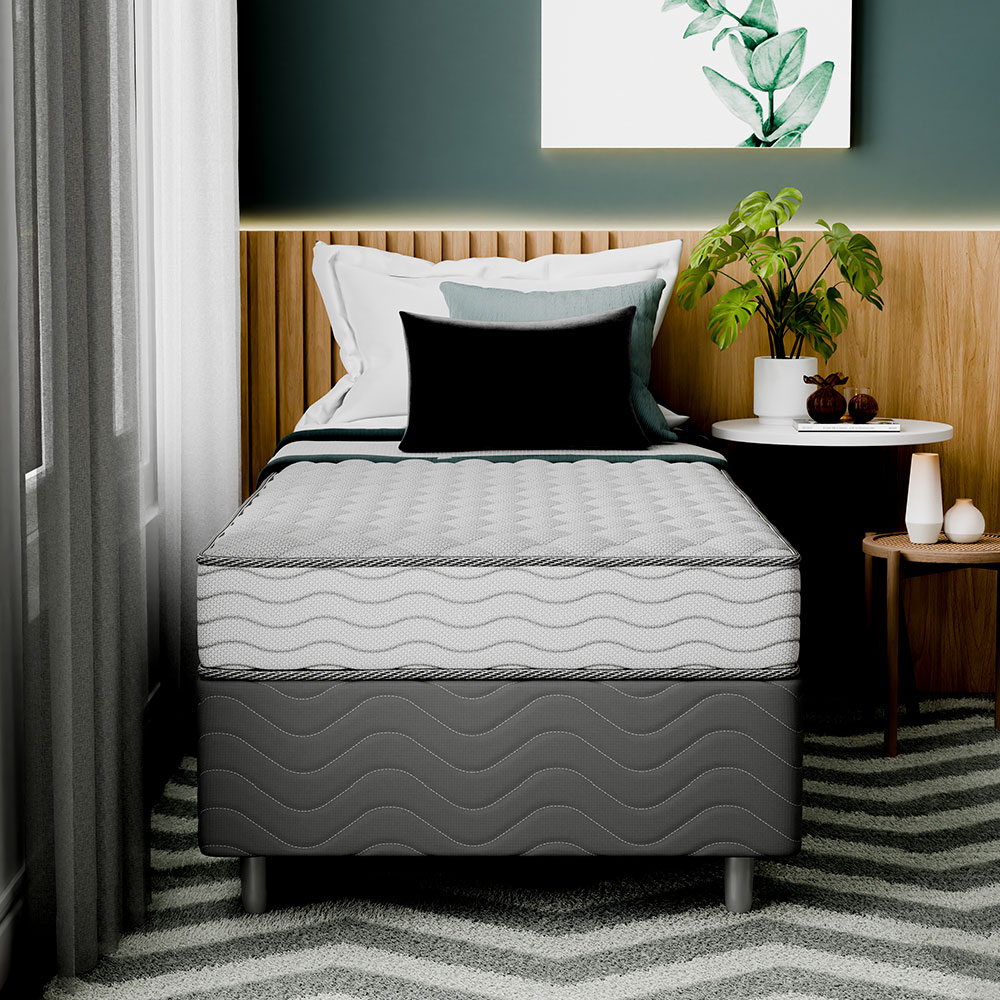 Cama Box com Colchão Solteiro Howie Espuma D33 (17x88x188) Branco e Cinza