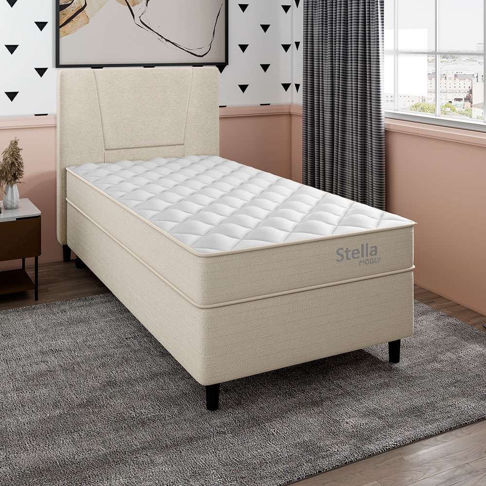 Cama Box com Colchão Solteiro Stella Molas Ensacadas (60x88x188) Bege