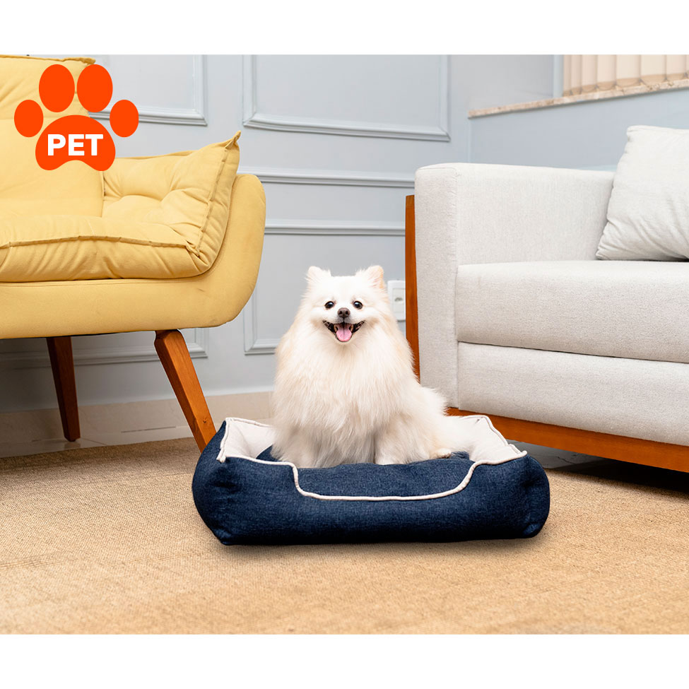 Cama para Pet Beagle Linho Azul Marinho e Cru 70 cm