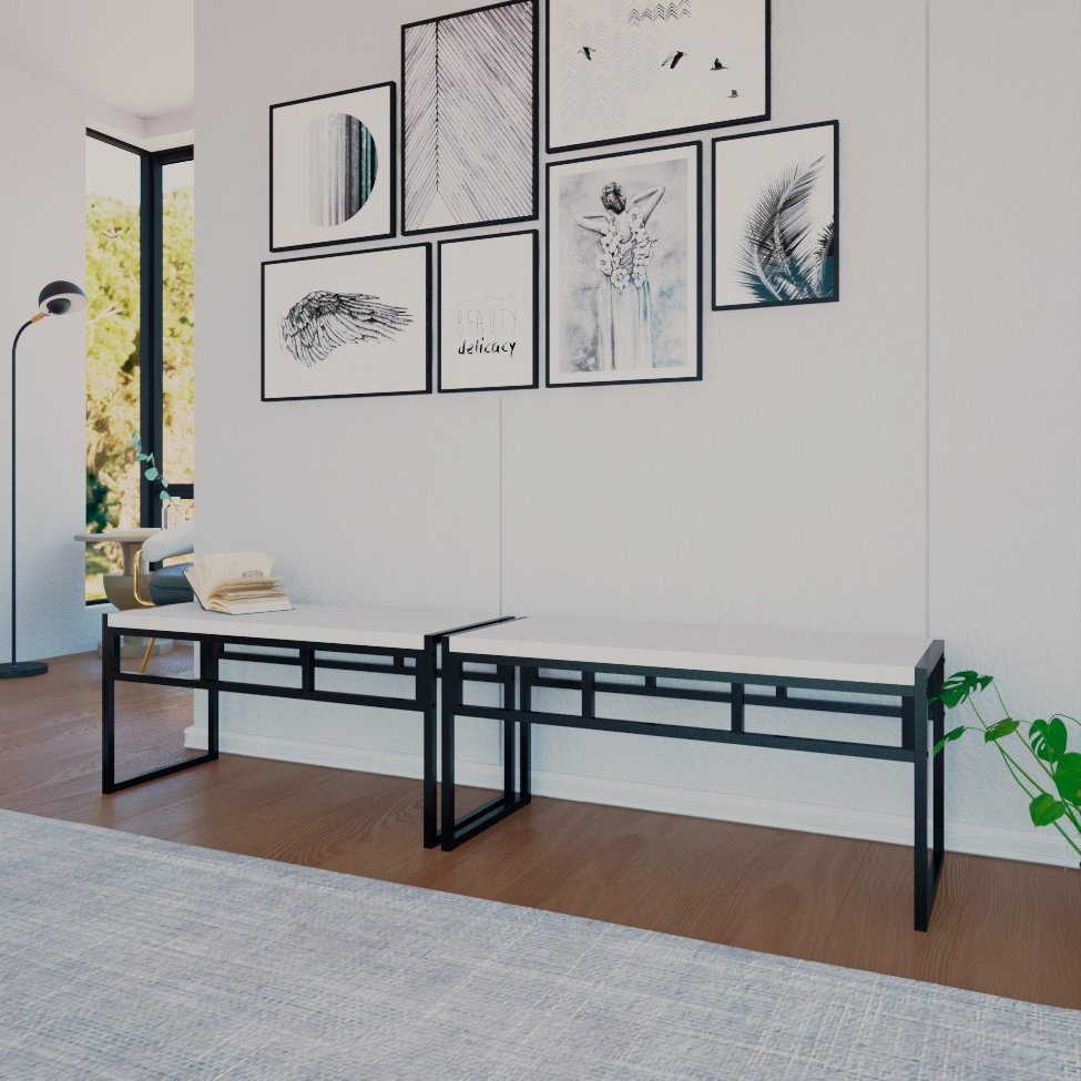 Conjunto com 2 Bancos de Jantar Wooden Branco e Preto