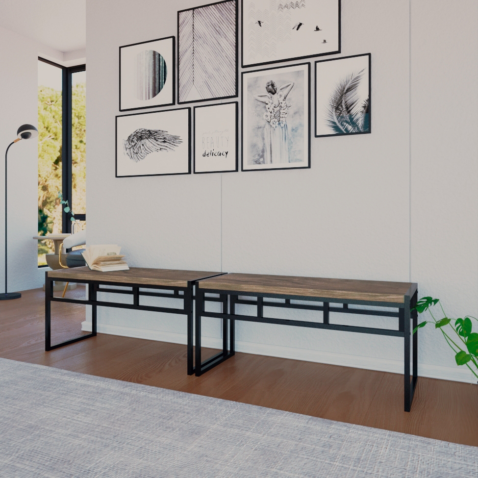 Conjunto com 2 Bancos de Jantar Wooden Carvalho Dark e Preto