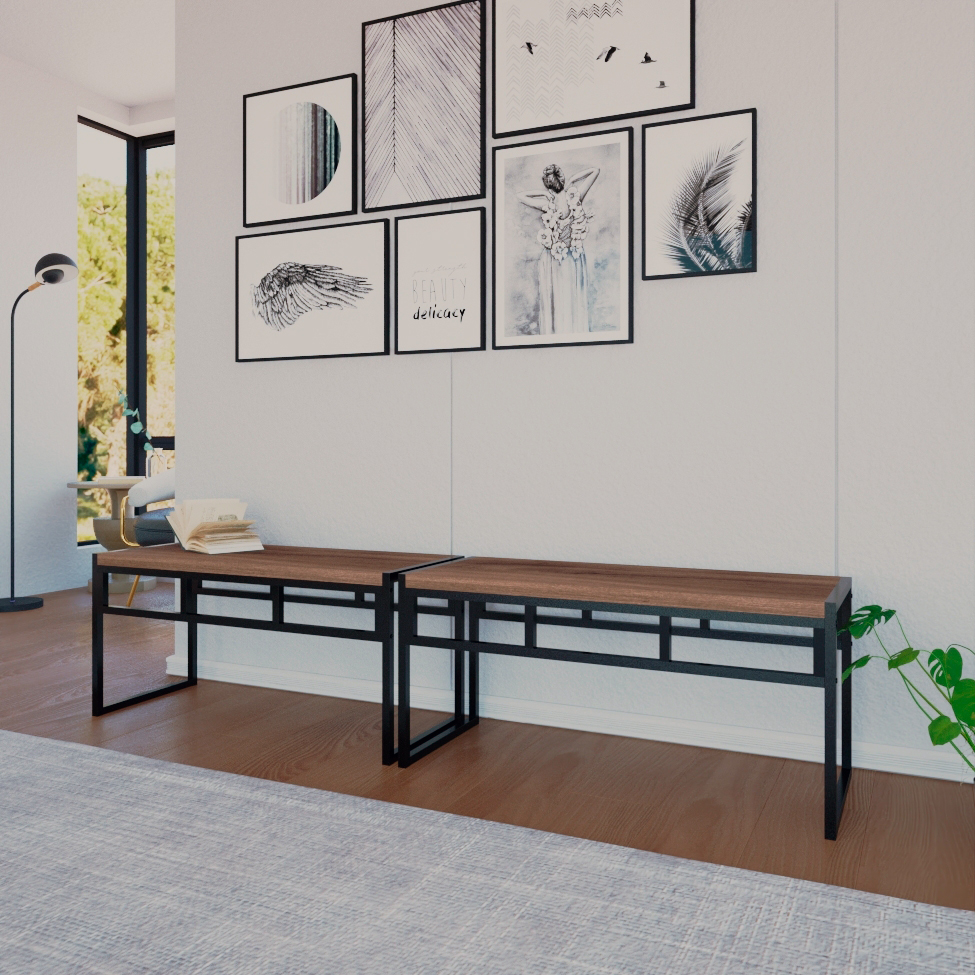 Conjunto com 2 Bancos de Jantar Wooden Nogal e Preto