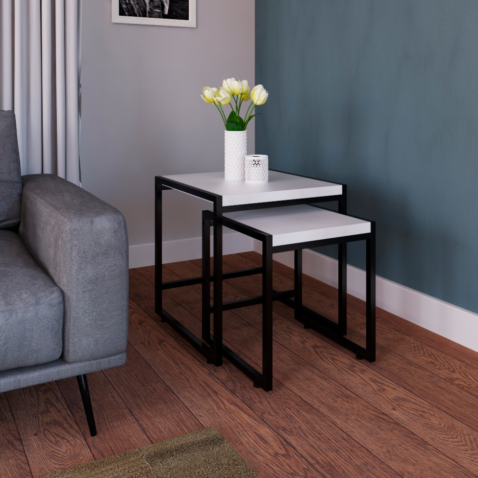 Conjunto com 2 Mesas Laterais Wooden Branca e Preto