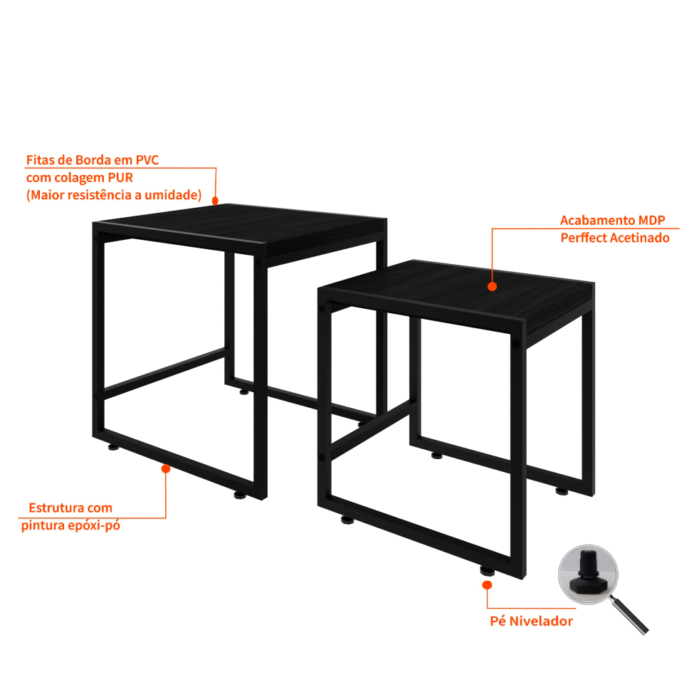 Conjunto com 2 Mesas Laterais Wooden Ônix e Preto