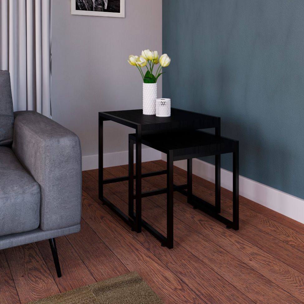 Conjunto com 2 Mesas Laterais Wooden Ônix e Preto