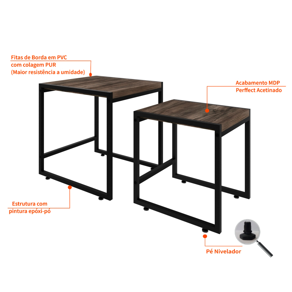 Conjunto com 2 Mesas Laterais Wooden Carvalho Dark e Preto