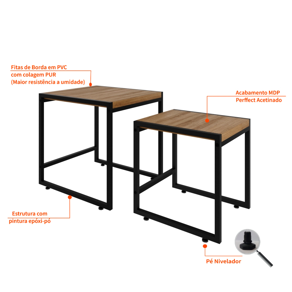 Conjunto com 2 Mesas Laterais Wooden Mel e Preto