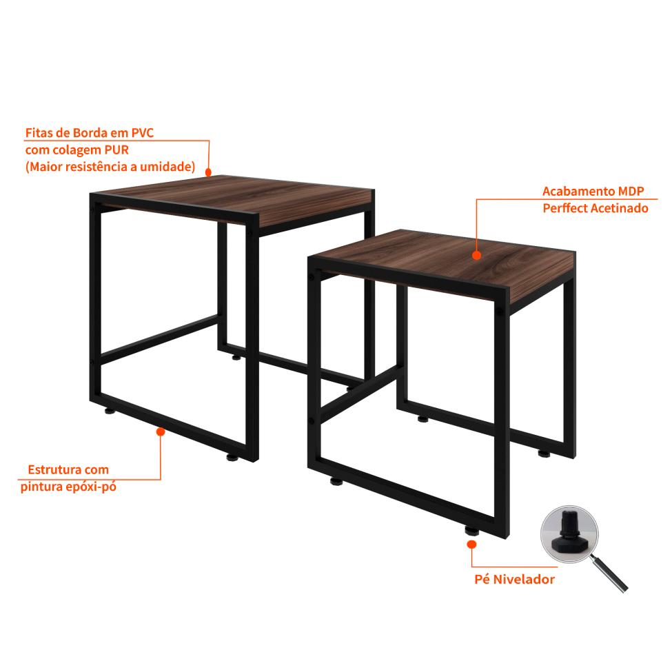 Conjunto com 2 Mesas Laterais Wooden Nogal e Preto