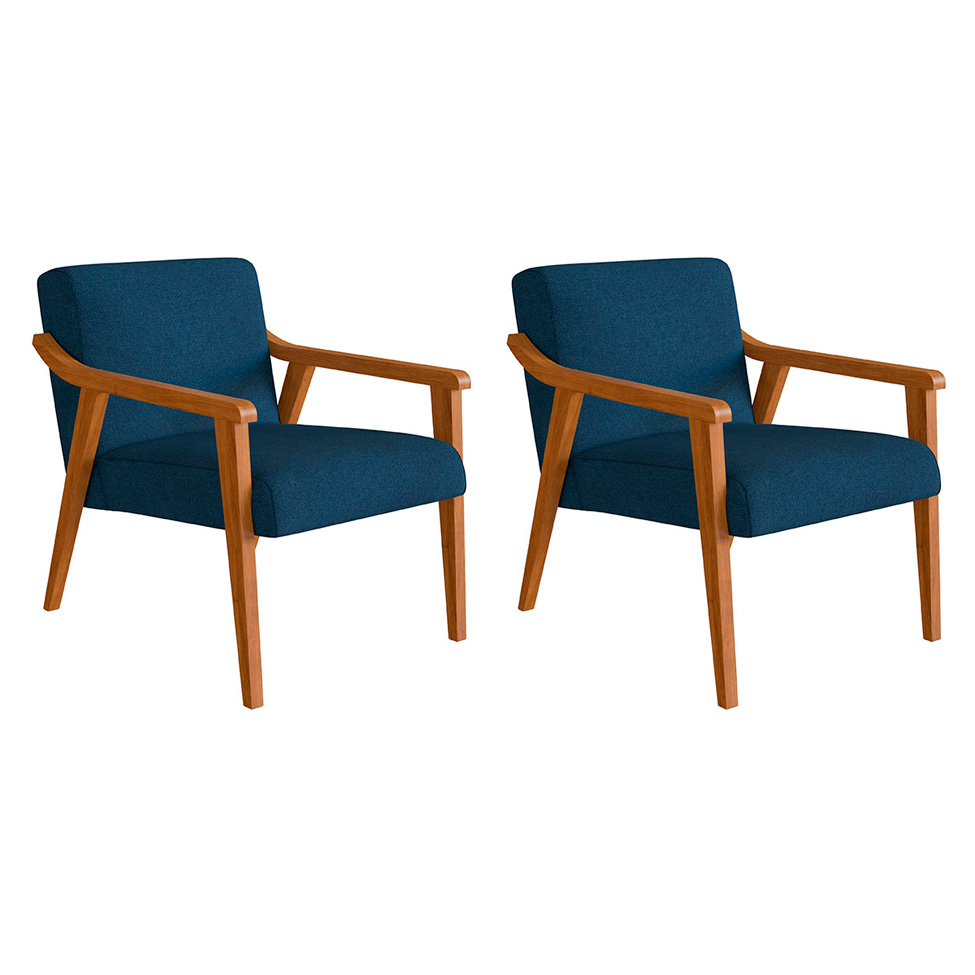Conjunto com 2 Poltronas Flavia Poliéster Azul Marinho e Nogueira