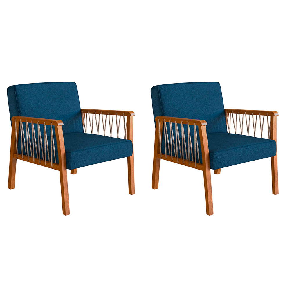 Conjunto com 2 Poltronas Lara Poliéster Azul Marinho e Nogueira