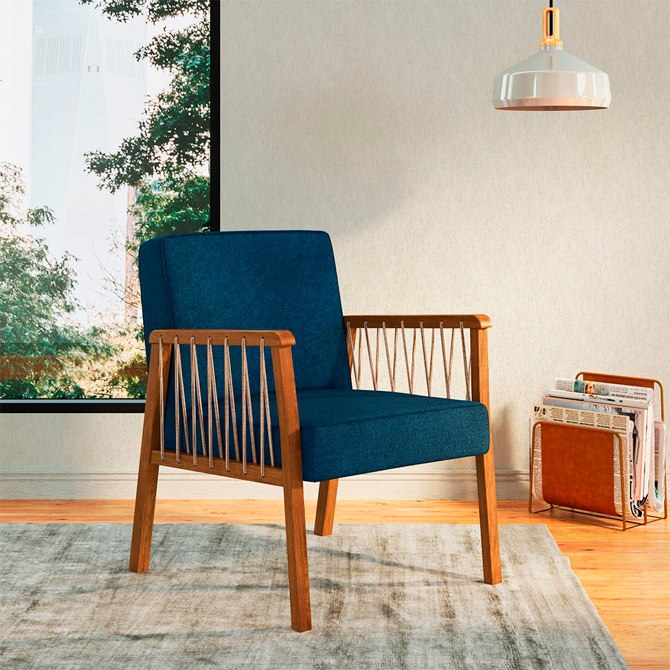 Conjunto com 2 Poltronas Lara Poliéster Azul Marinho e Nogueira
