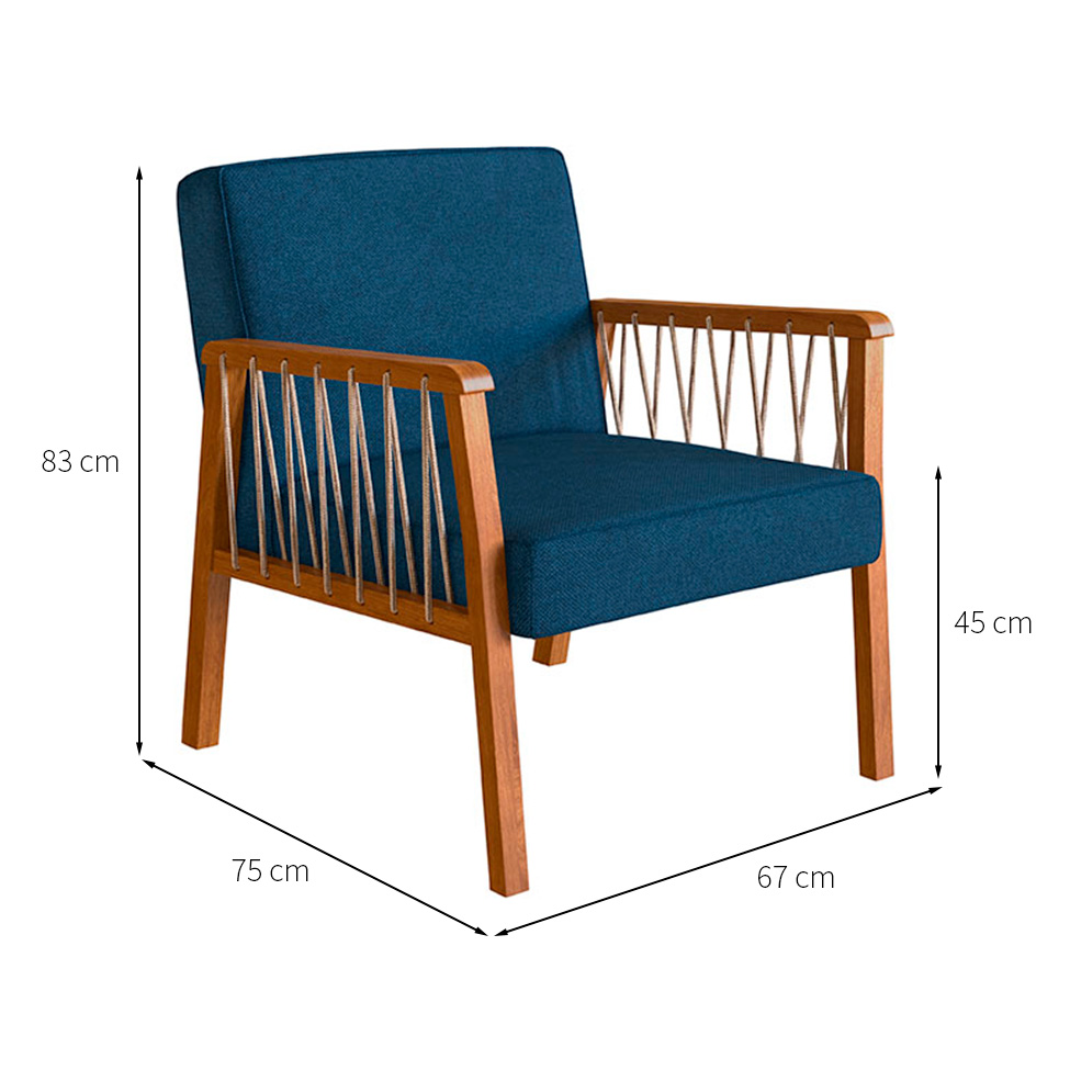Conjunto com 2 Poltronas Lara Poliéster Azul Marinho e Nogueira