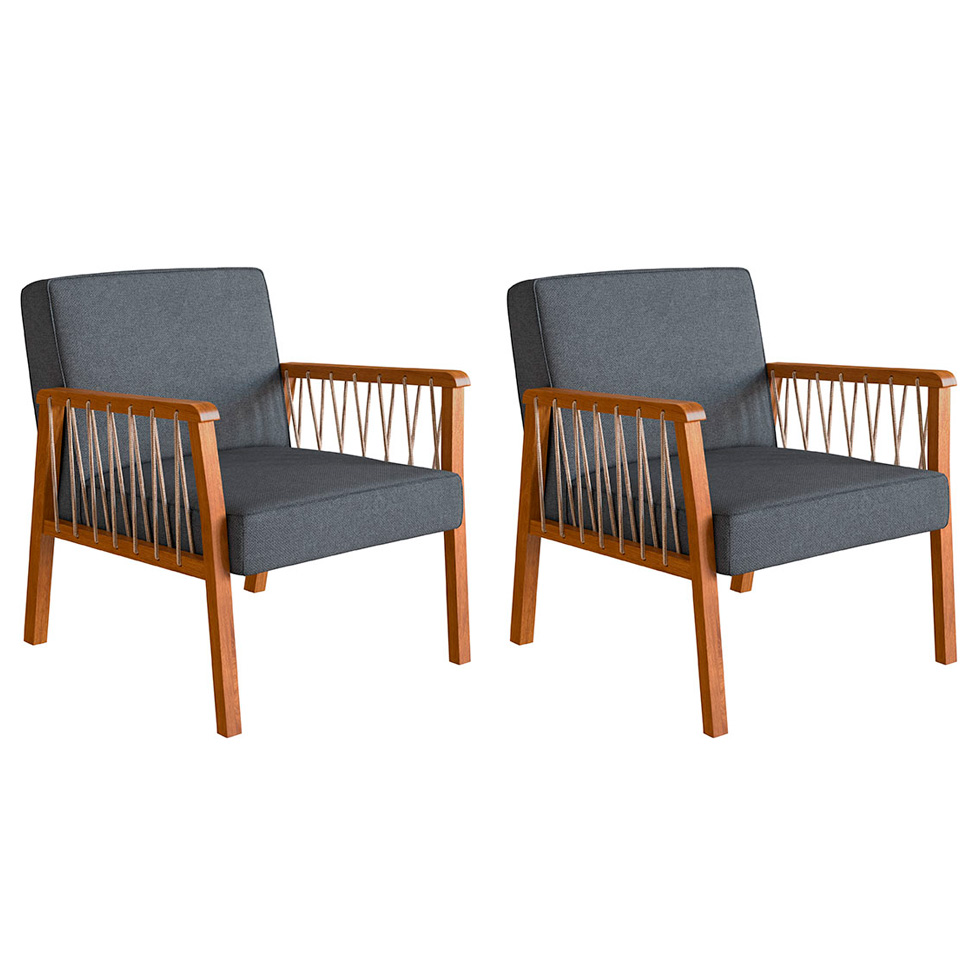 Conjunto com 2 Poltronas Lara Poliéster Chumbo e Nogueira